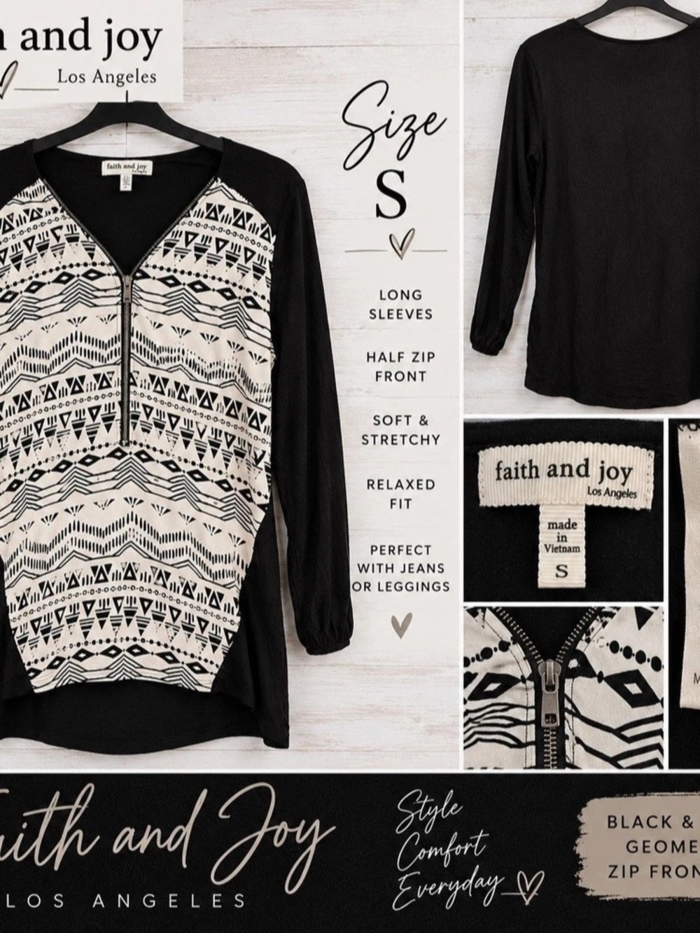 Faith and Joy Geometric Half-Zip Tunic in Black & White Size Small